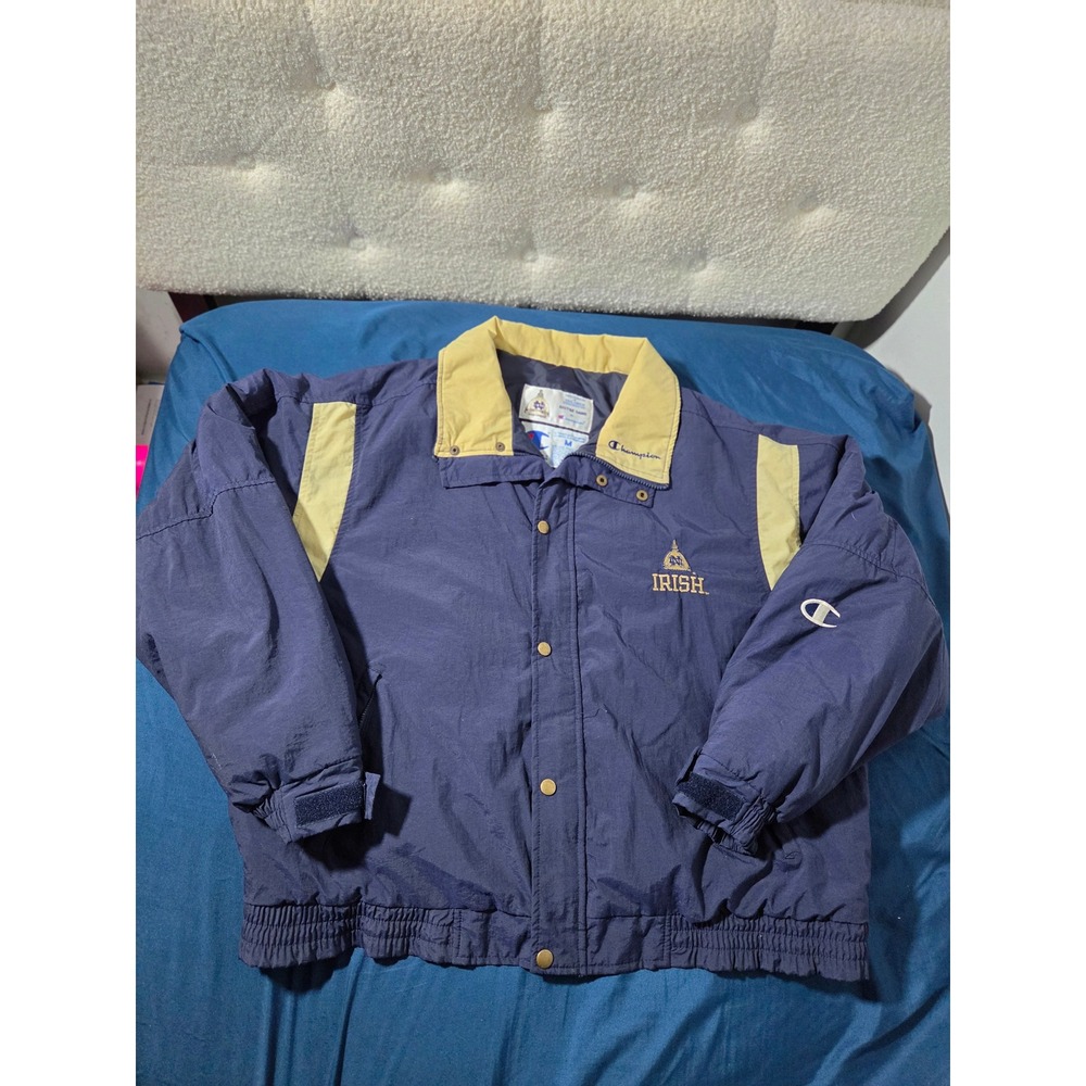Rare 1990s Champion Notre Dame Fighting Irish Puffer Jacket Navy Gold Mens M